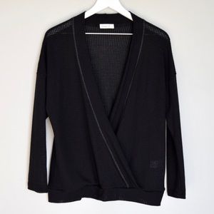 NWOT Black Waffle-Knit Long Sleeve Cross-Over Top